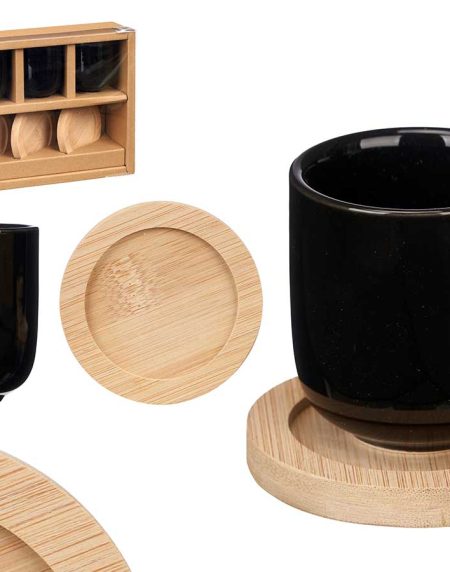 Jogo de Copos Cerâmica Café C/Base Bambu Preto 95ml 6x6.5cm - Image 1