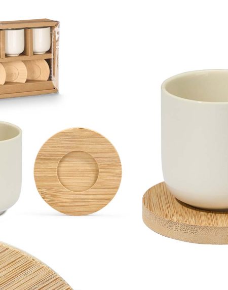 Jogo de 4 Copos Cerâmica Café c/ Base Bambu Branco 95ml 6x6,5 - Image 1