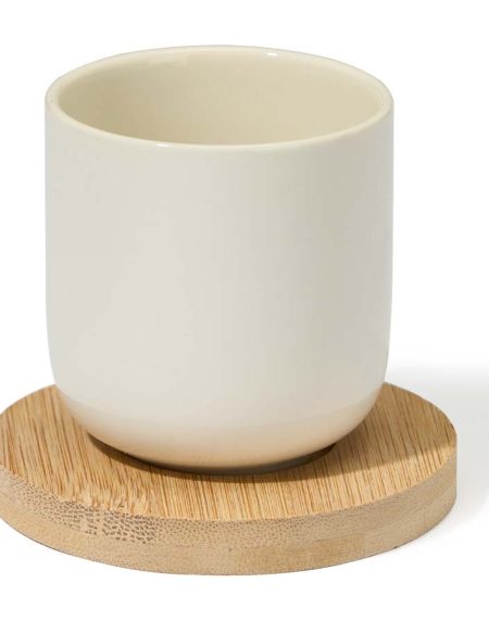 Jogo de 4 Copos Cerâmica Café c/ Base Bambu Branco 95ml 6x6,5 - Image 2