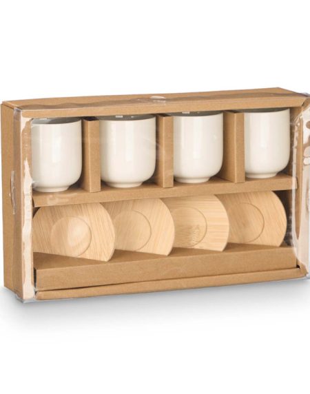 Jogo de 4 Copos Cerâmica Café c/ Base Bambu Branco 95ml 6x6,5 - Image 3