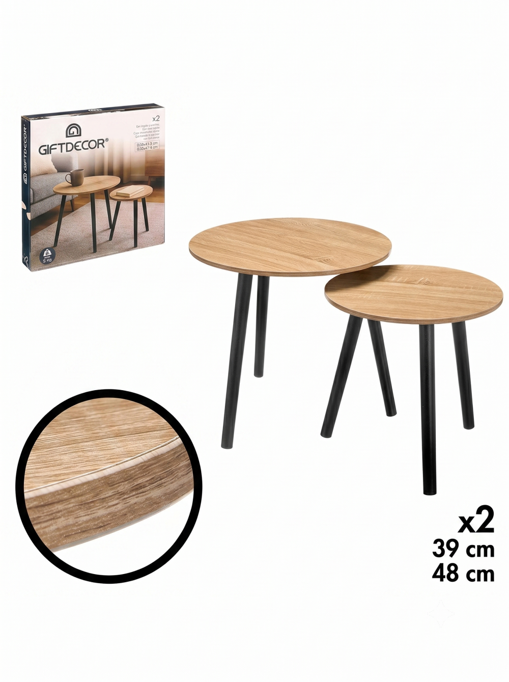 5600000172476_P Mesa de apoio redonda em madeira bege e preto com design industrial moderno Eurokasa