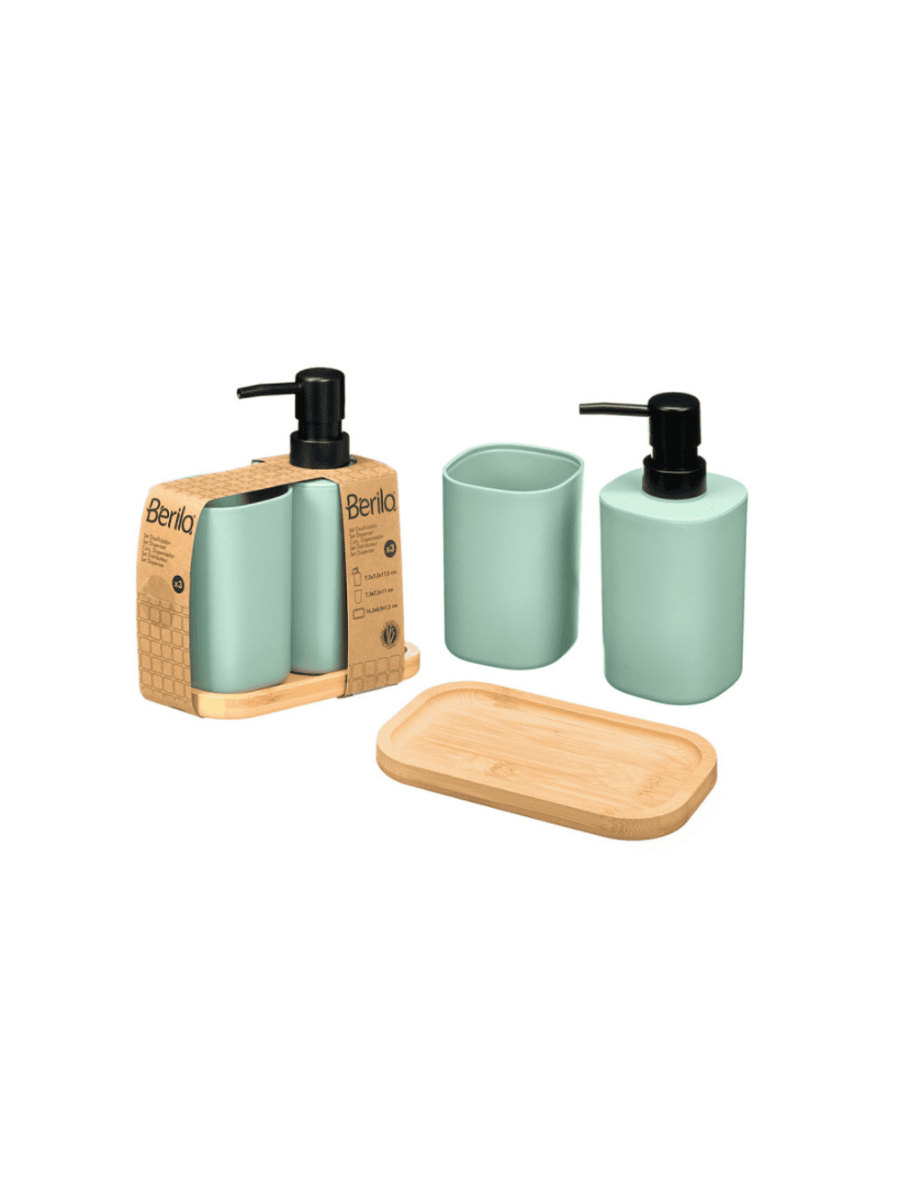 Conjunto doseador copo e base bambu Berilo para organização de casa de banho Eurokasa