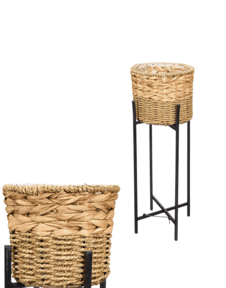 Vaso em vime com suporte de ferro preto para plantas e decoração de interiores Eurokasa