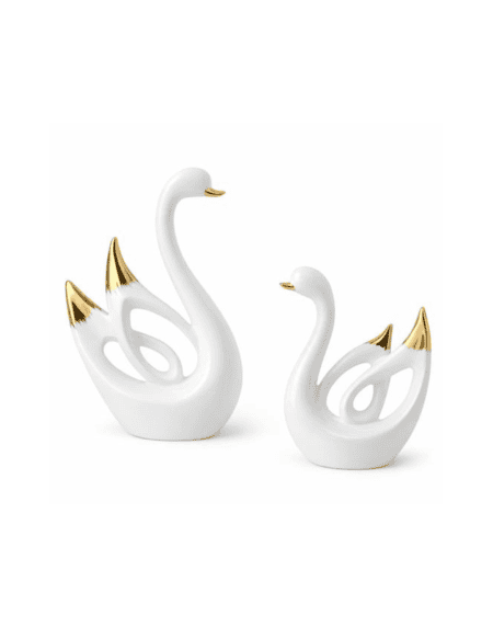 Elegante figura de cisne em porcelana branca com acabamento metalizado para decoração de interiores Eurokasa.