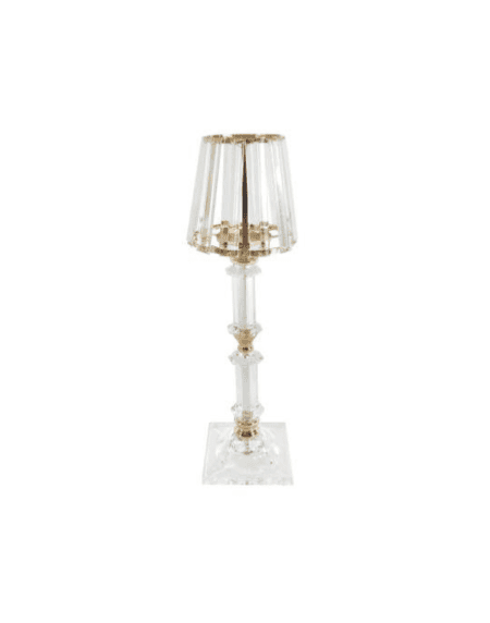 Castiçal em metal e cristal com abajur ouro decorativo sobre fundo branco Eurokasa