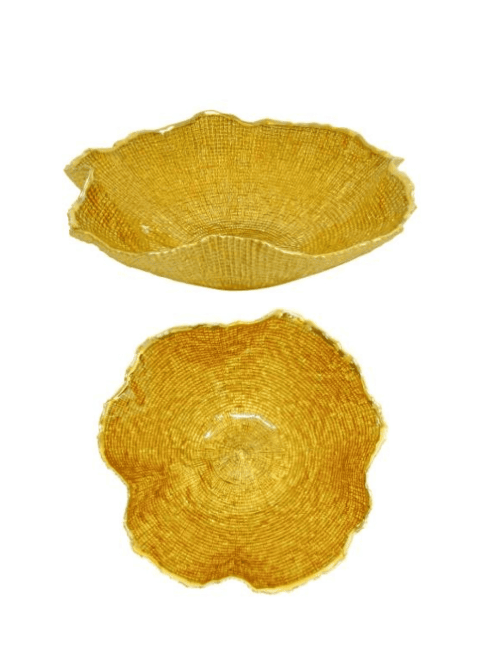 Taça centro de mesa em vidro trabalhado ouro com acabamento brilhante e textura orgânica Eurokasa