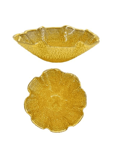 Taça centro de mesa em vidro trabalhado ouro com textura em relevo Eurokasa