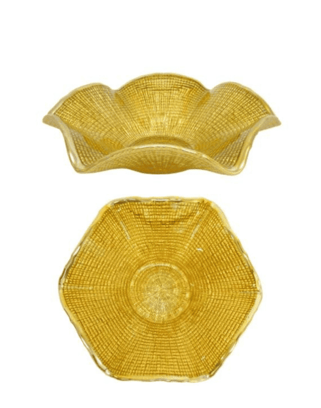 Taça centro de mesa em vidro trabalhado ouro com design ondulado texturado Eurokasa