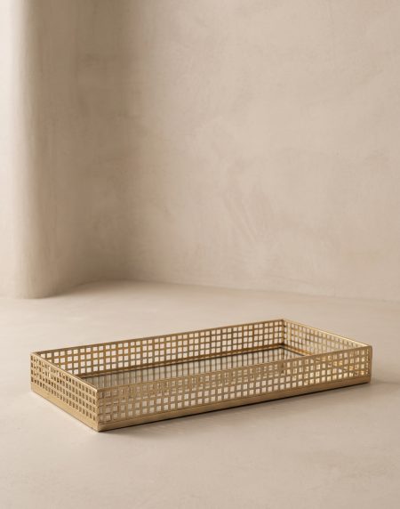 Bandeja retangular em metal dourado com base em espelho Eurokasa