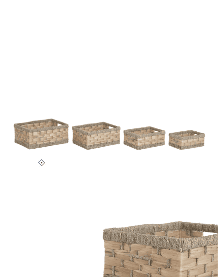 Cesto de arrumação rectangular trançado em fibras naturais de seagrass e jacinto de água, com pegas integradas e disponível em quatro tamanhos.