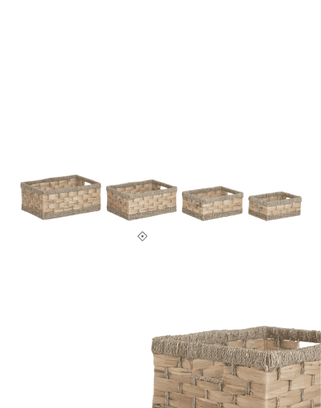 Cesto de arrumação rectangular trançado em fibras naturais de seagrass e jacinto de água, com pegas integradas e disponível em quatro tamanhos.